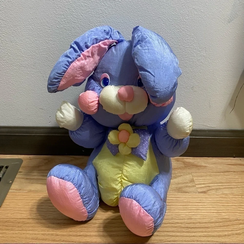 Vintage Puffy Easter Bunny Plush Purple Yellow Stuffed Animal